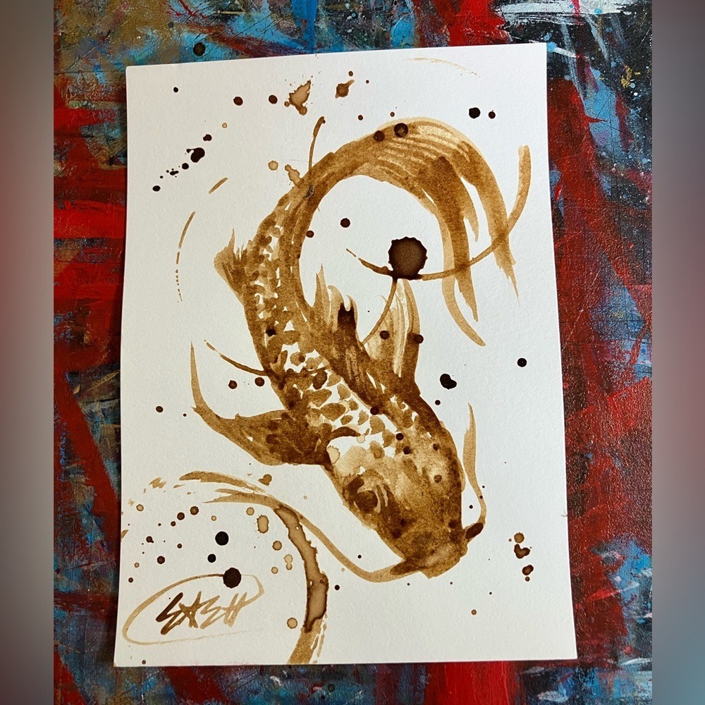 Coffee Koi painting original art Java decor fish‎ kitchen artwork Artettina USA